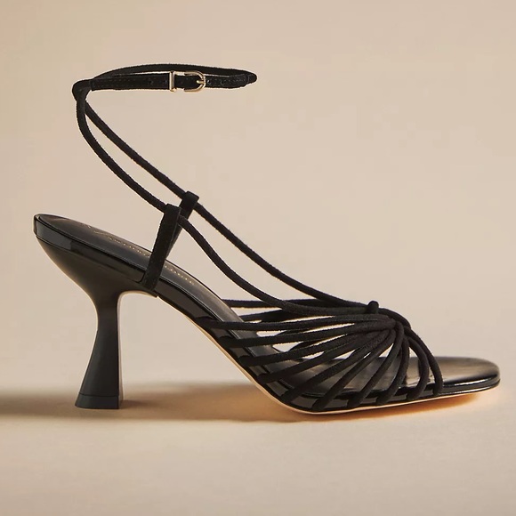 New Caverley x Anthropologie Norman Heel Cow Satin 7 Black White Leather Strappy - Picture 8 of 10
